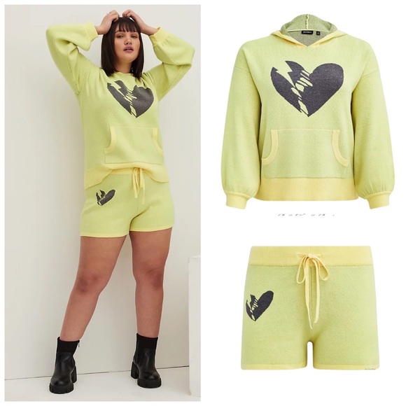 TORRID Luxe Cozy Lovesick Sweater Hoodie & Shorts Set Neon Yellow - Picture 2 of 9